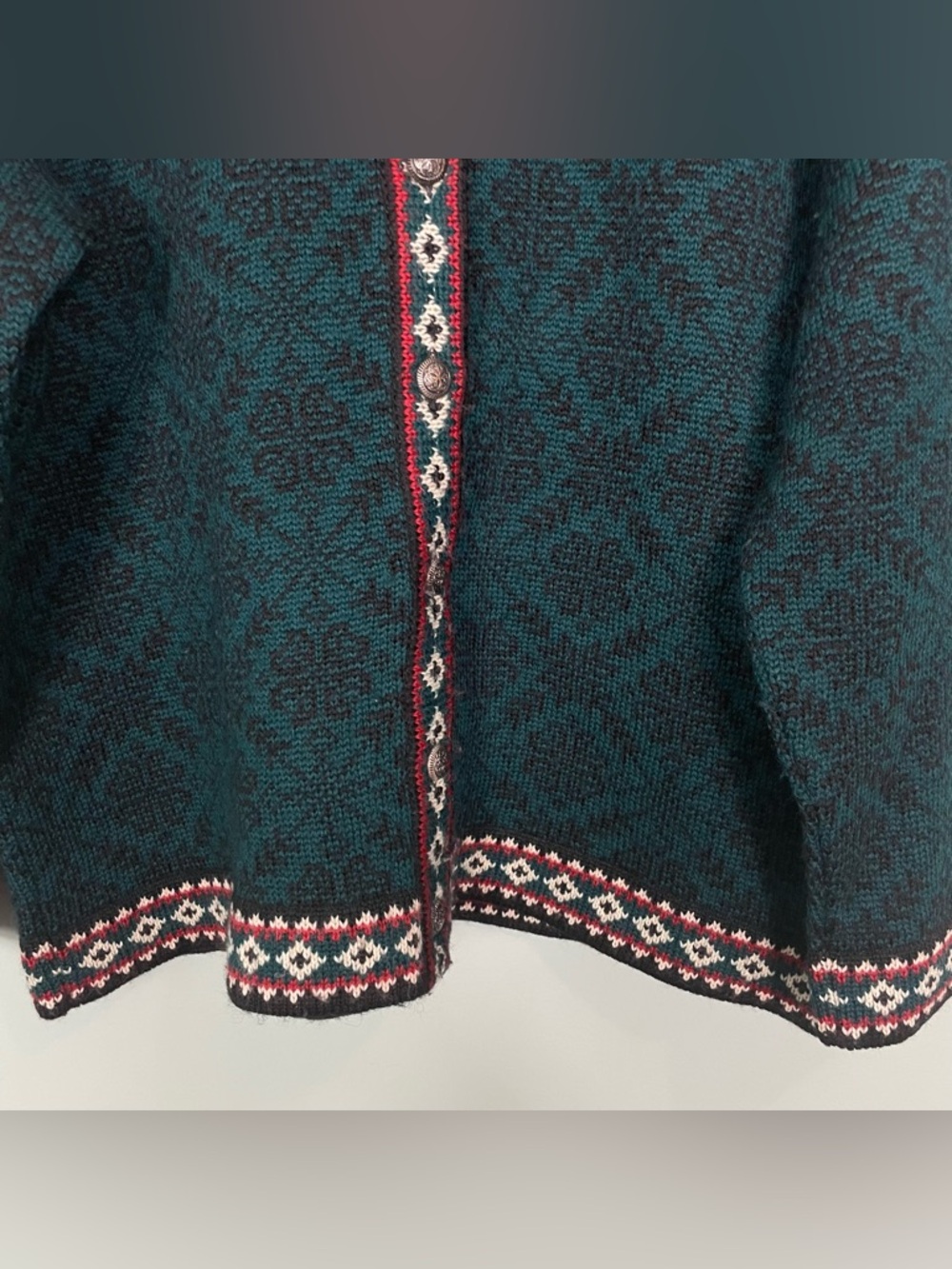 L.L. Bean Vintage Isle Nordic Wool Sweater Cardigan Pattern Multi Green Women XL - Picture 3 of 9